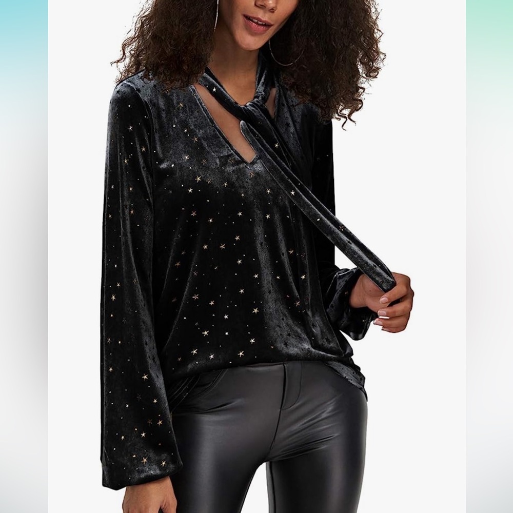 Yoins Velvet Star Tie Neck Top NWT size large